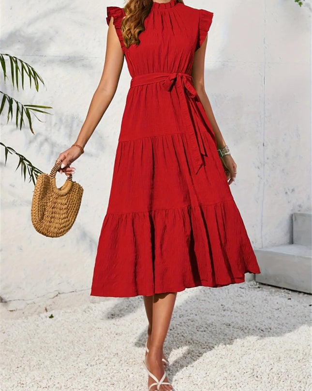 Frill Mock Neck Ruffled Cap Sleeve Midi Dress