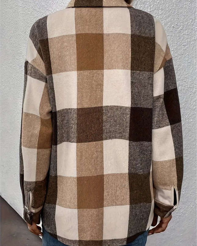Curved Hem Plaid Collared Neck Shacket