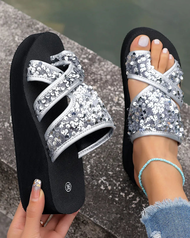 Sequin Platform Wedge Sandals 