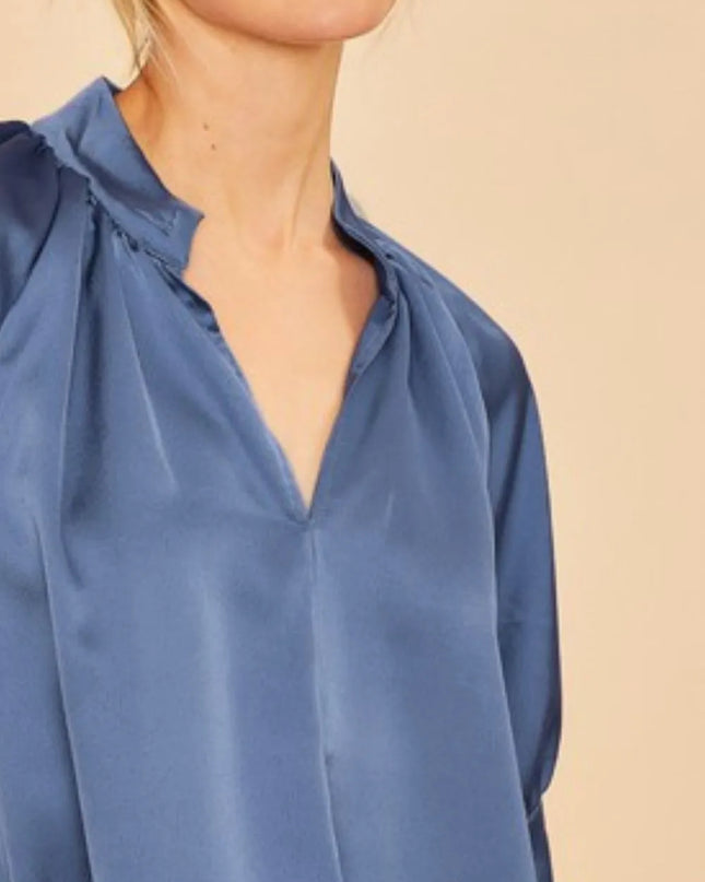 Annie Wear Satin V Neck Open Short Sleeve Woven Blouse Top