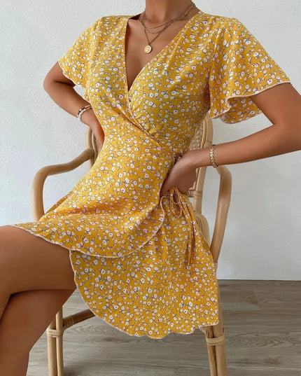 Floral Flutter Sleeve Wrap Mini Dress