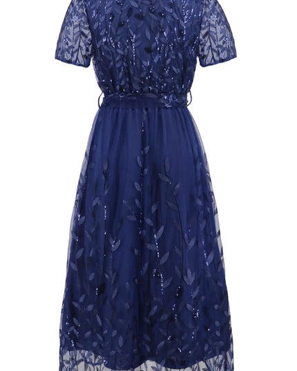 Sequin Leaf Embroidery Tie Front Short Sleeve Dress
