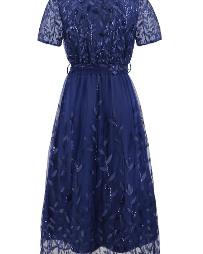Sequin Leaf Embroidery Tie Front Short Sleeve Dress