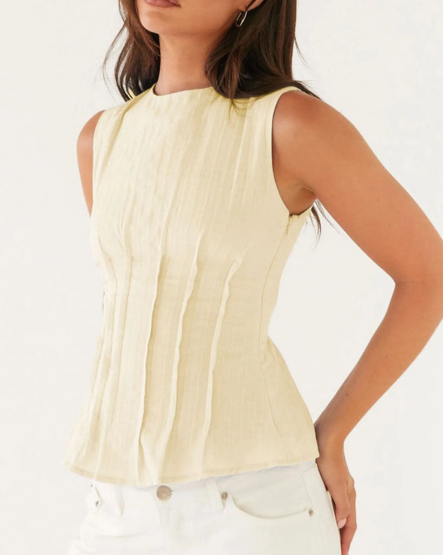 Back Lace Up Sleeveless Top with Cinched Waist Design Light Yellow