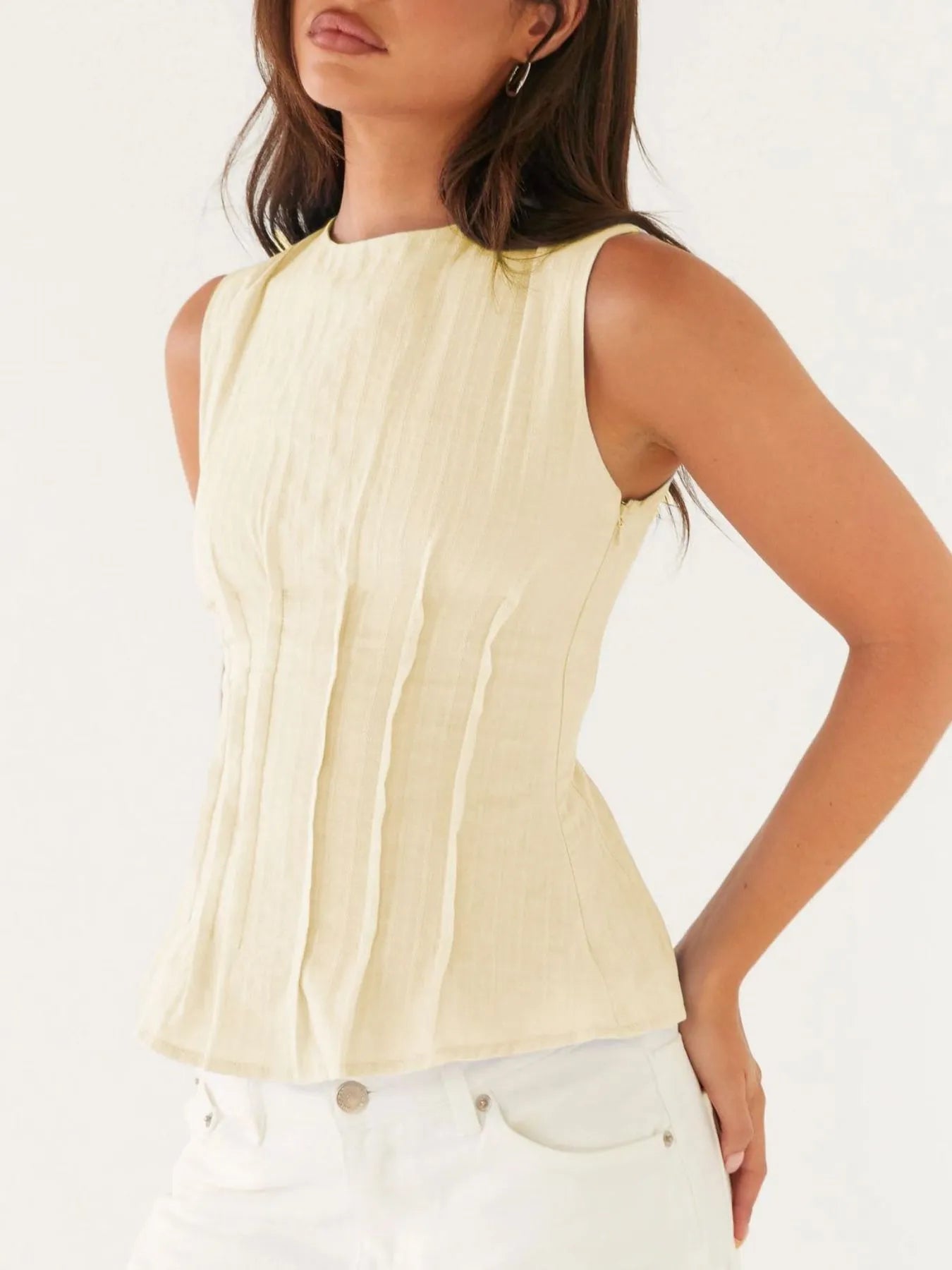 Back Lace Up Sleeveless Top with Cinched Waist Design Light Yellow