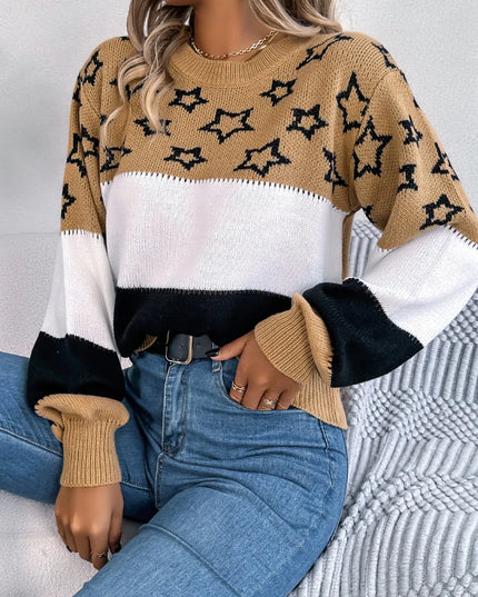 Star Contrast Round Neck Sweater