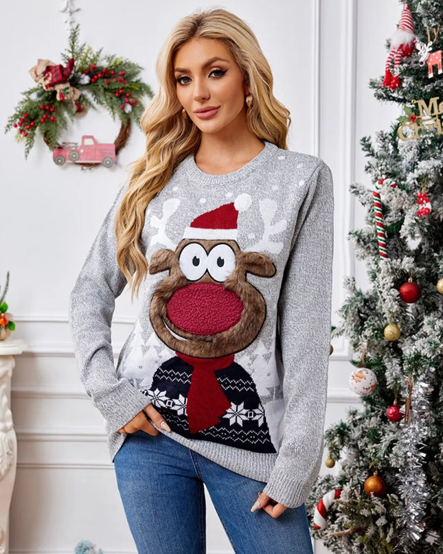 Reindeer Round Neck Long Sleeve Sweater Light Gray