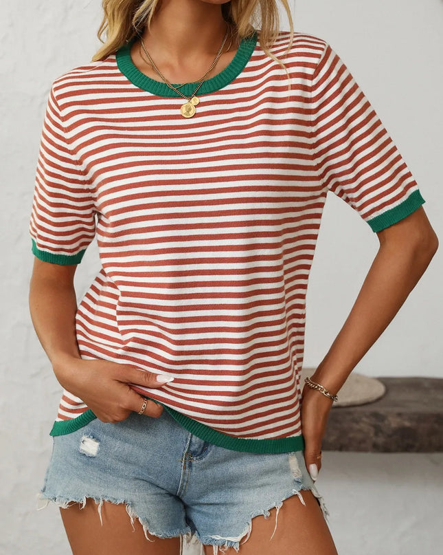 Mandy Striped Round Neck Half Sleeve Knit Top
