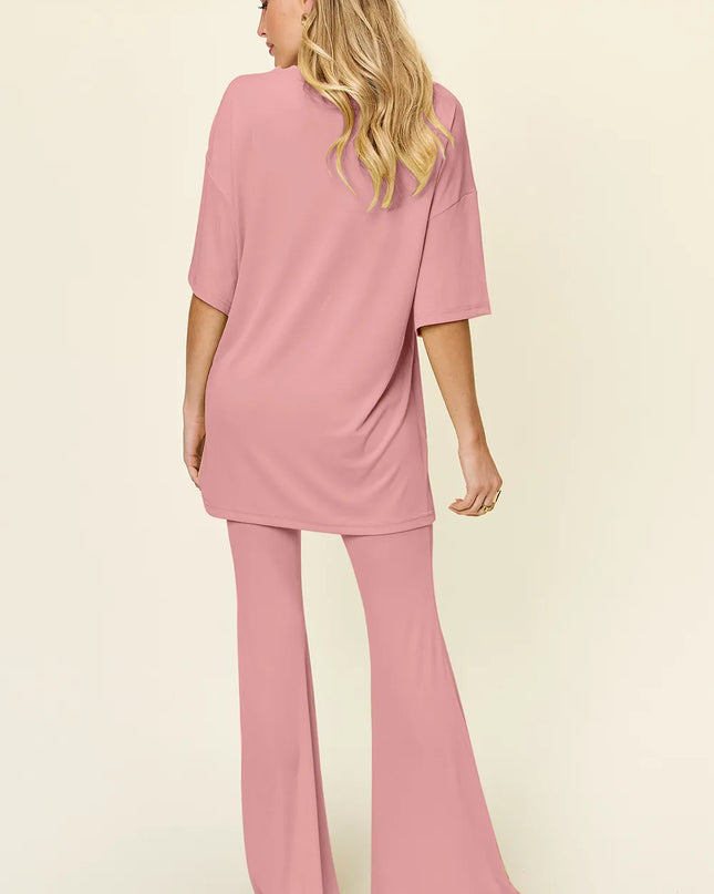 Double Take Full Size Round Neck Drop Shoulder T-Shirt and Flare Pants Set