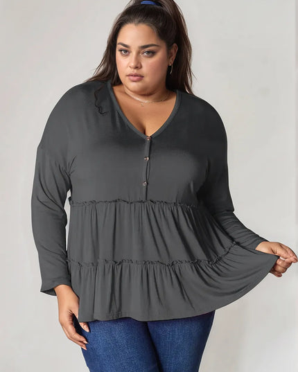Double Take Half Button Long Sleeve Ruffle Hem Blouse Dark Gray
