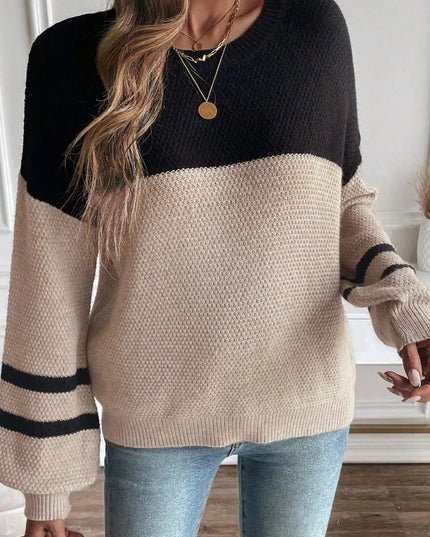 Color Block Knit Striped Sleeve Detail Casual Sweater