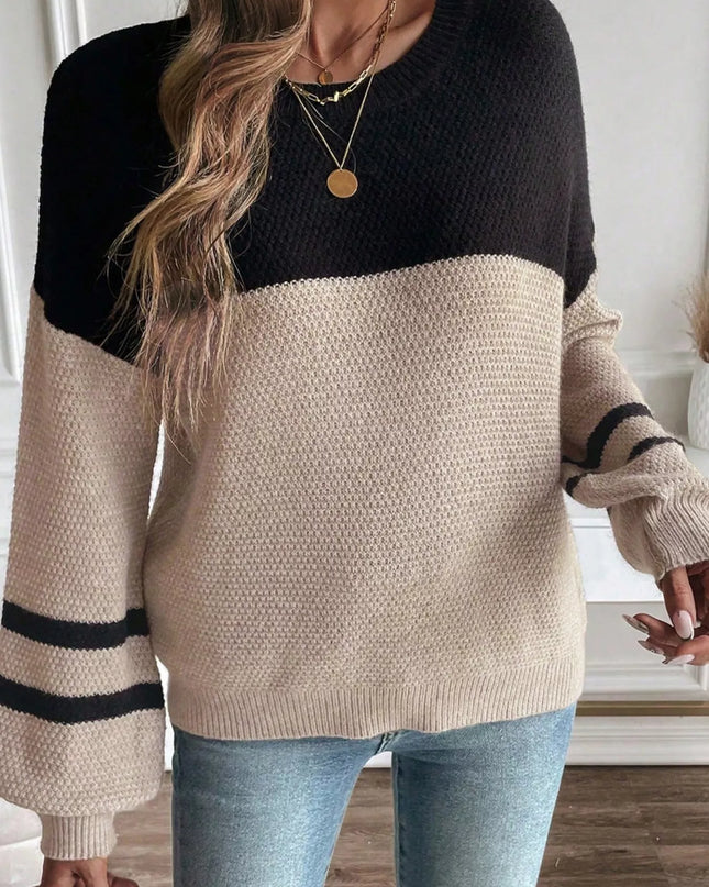 Color Block Knit Striped Sleeve Detail Casual Sweater
