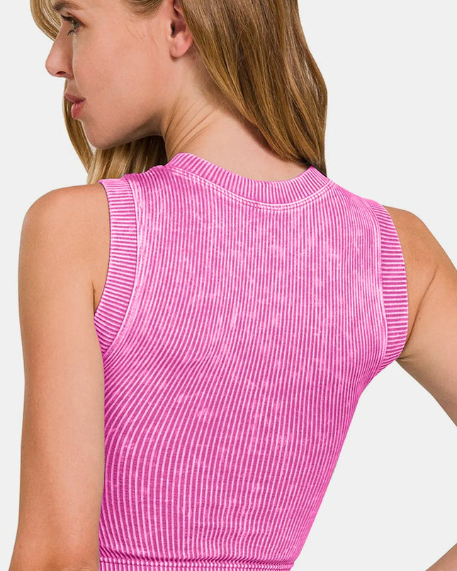 Zenana Washed Ribbed Seamless Crop Tank with Bra Pad