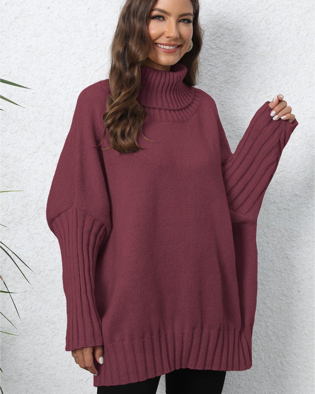 Turtle Neck Long Sleeve Ribbed Sweater Burgundy One Size