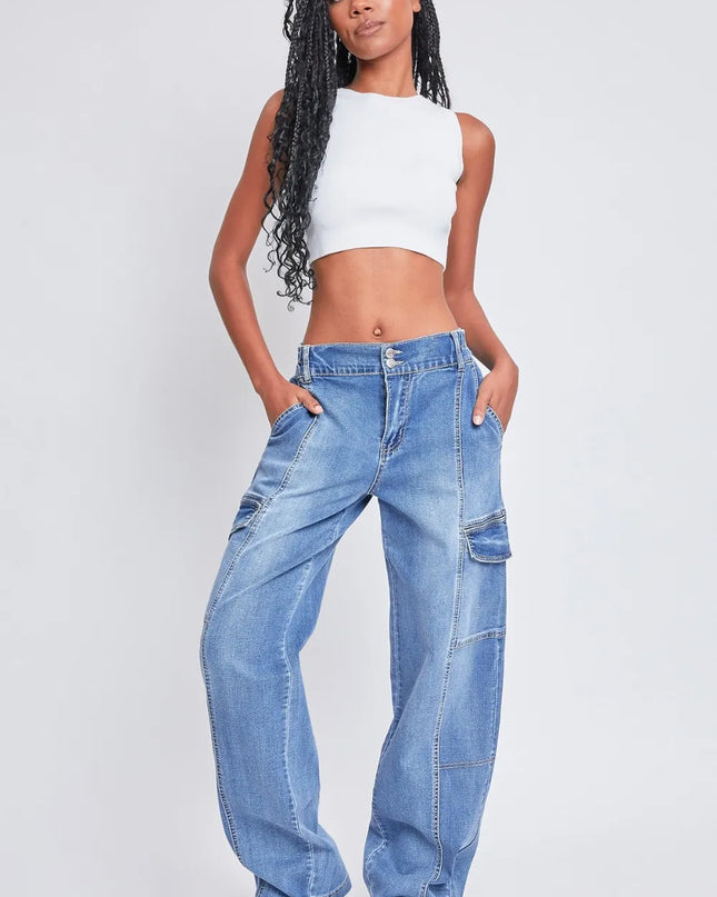 YMI Jeanswear High-Rise Straight Cargo Jeans Vintage Medium Wash