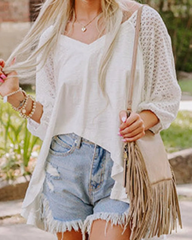 Openwork High Low Hem V Neck Oversized Top