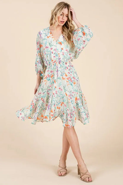 Lime 'N' Chili Floral Cinched Waist Balloon Sleeve V-Neck Dress