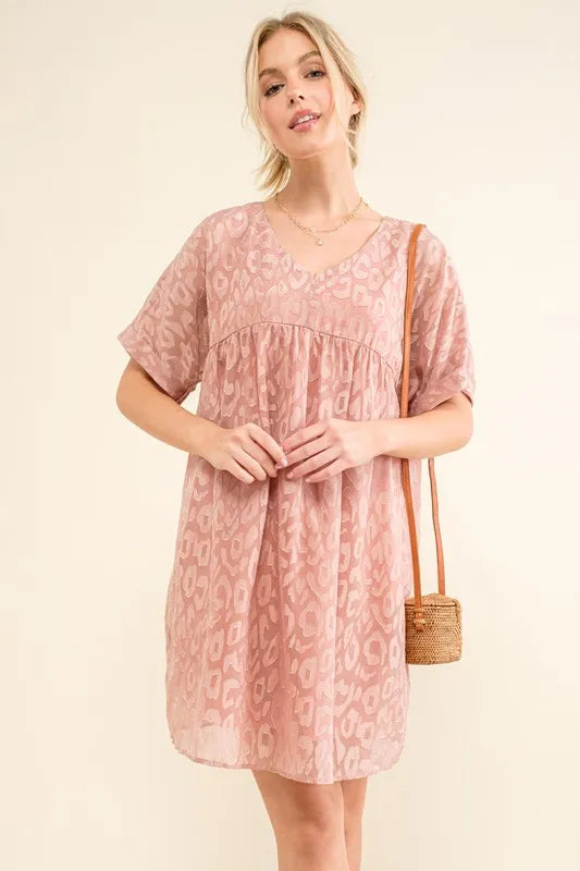 And The Why Woven Leopard Baby Doll Roll-Sleeve Casual Dress