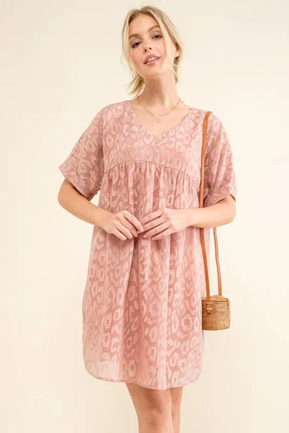 And The Why Woven Leopard Baby Doll Roll-Sleeve Casual Dress