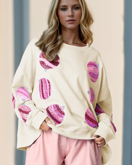 Double Take Sequin Round Neck Long Sleeve Sweatshirt Cream