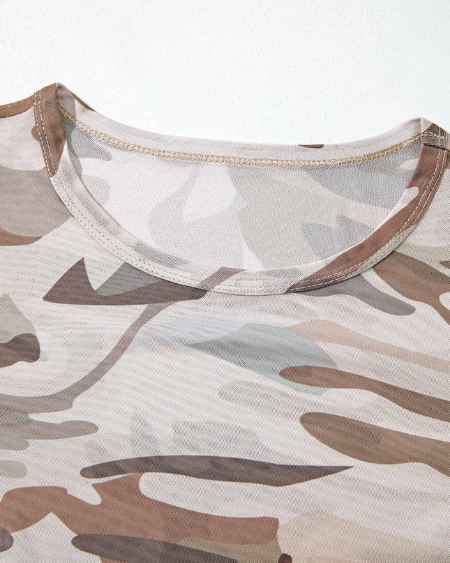 Camouflage Print Mesh Long Sleeve Top