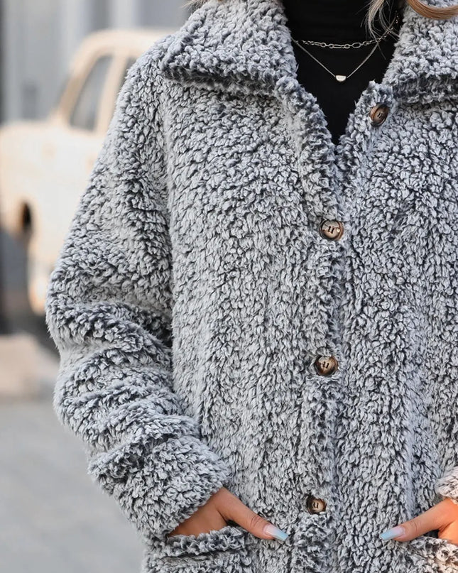 Pocketed Collared Neck Long Sleeve Plush Jacket