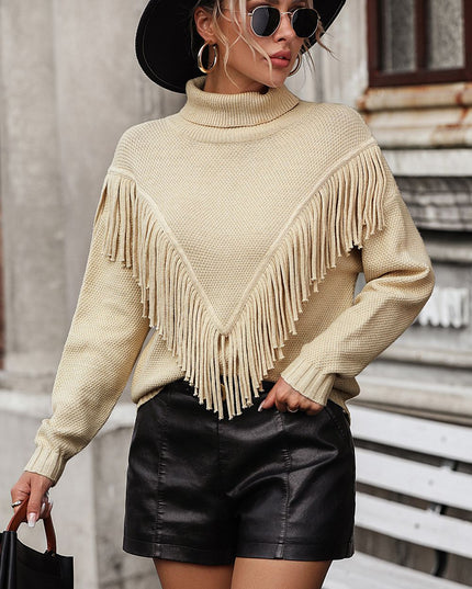 Turtle Neck Tassel Front Long Sleeve Pullover Sweater