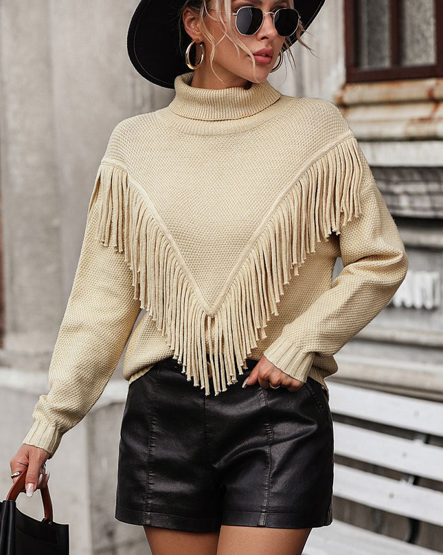 Turtle Neck Tassel Front Long Sleeve Pullover Sweater
