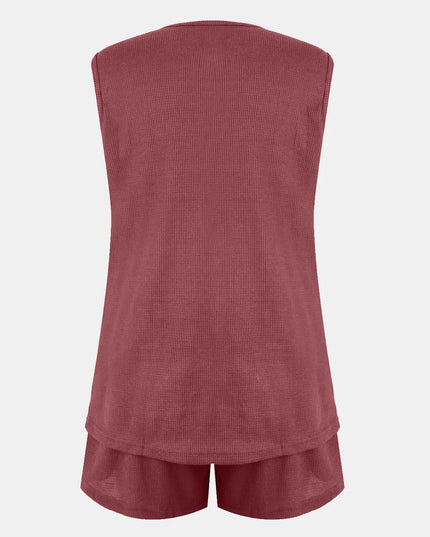 Full Size Waffle-Knit Notched Top and Shorts Set