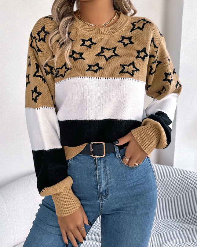 Star Contrast Round Neck Sweater