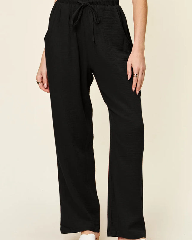 Double Take Full Size Texture Drawstring Straight Pants Black