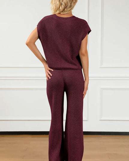 Pocketed V-Neck Top and Wide Leg Sweater Set