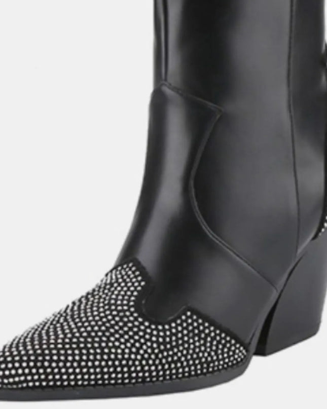 Weeboo Chunky Heel Rhinestone Decor Western Boots 