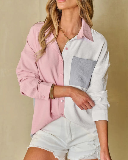 Color Block Oversized Button-Up Shirt with Chest Pocket 
