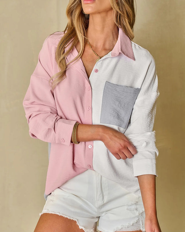 Color Block Oversized Button-Up Shirt with Chest Pocket 