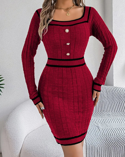 Contrast Trim Long Sleeve Sweater Dress