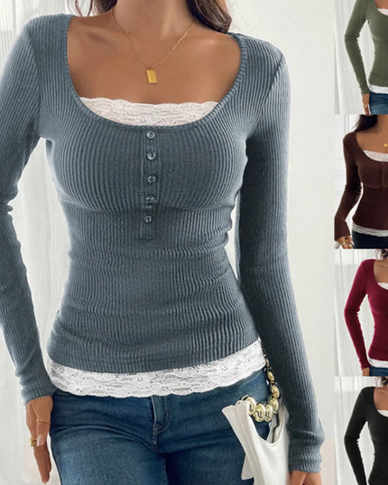 Lace Detail Long Sleeve Ribbed Top