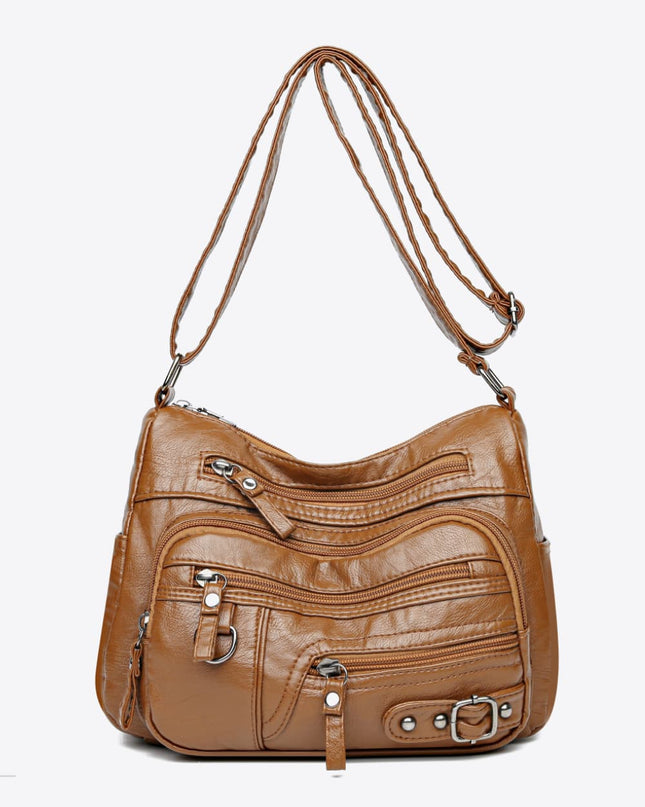 Multi-Pocket PU Leather Crossbody Bag Caramel One Size