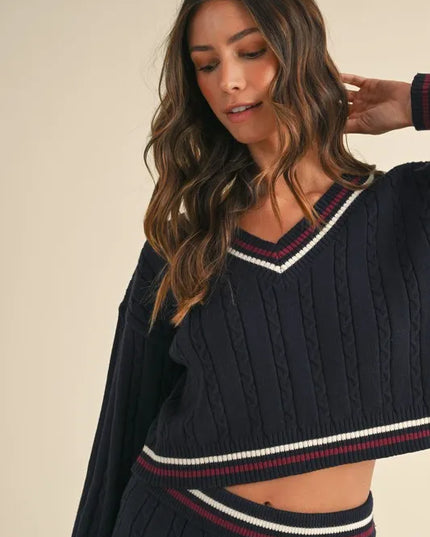 MABLE Cable-Knit Top and Pleated Skirt Sweater Set