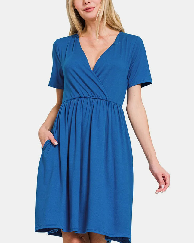 Zenana Surplice Short Sleeve Brushed DTY Dress Classic Blue
