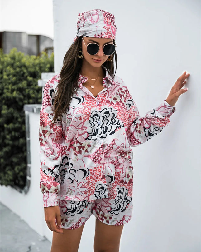 Printed Button Up Long Sleeve Shirt and Shorts Set