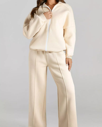 Drop Shoulder Zip Up Jacket and Drawstring Pants Active 2pcs Set