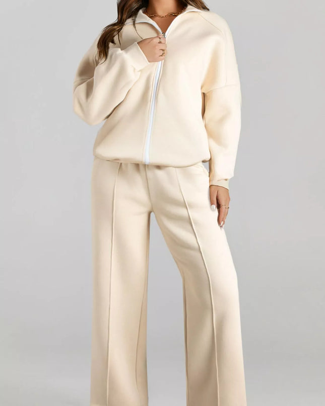 Drop Shoulder Zip Up Jacket and Drawstring Pants Active 2pcs Set