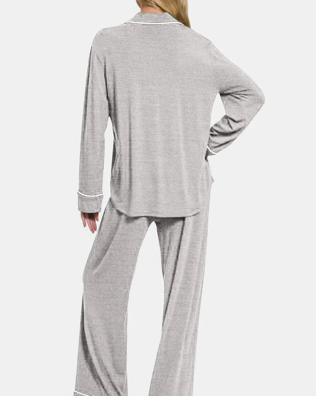 Zenana Button Down Long Sleeve Top and Pants Lounge Set