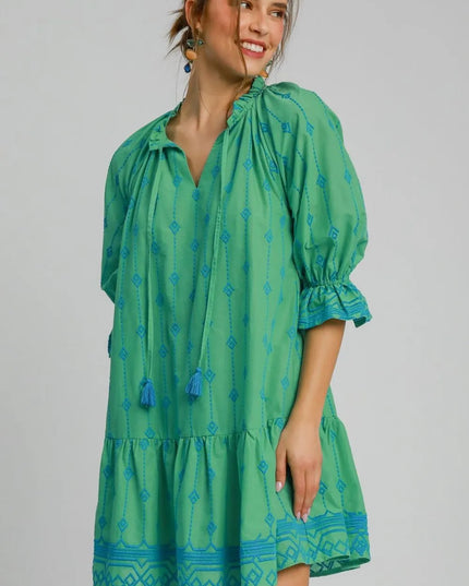 Umgee Full Size Tassel Embroidered Flounce Sleeve Mini Dress Plus Size Green