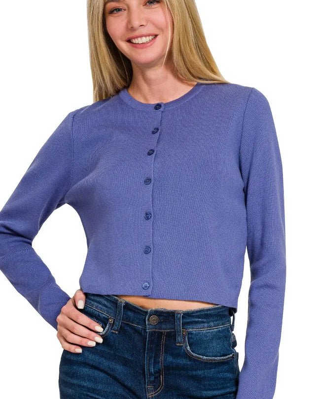 Zenana Button-Front Crewneck Long Sleeve Cropped Cardigan