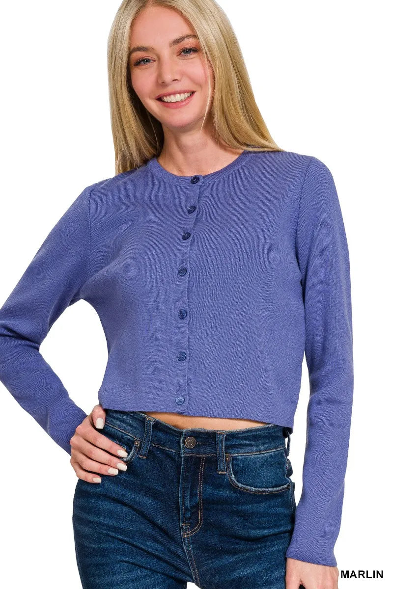 Zenana Button-Front Crewneck Long Sleeve Cropped Cardigan