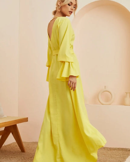 Ruffled Wrap Maxi Dress with Bell Sleeves