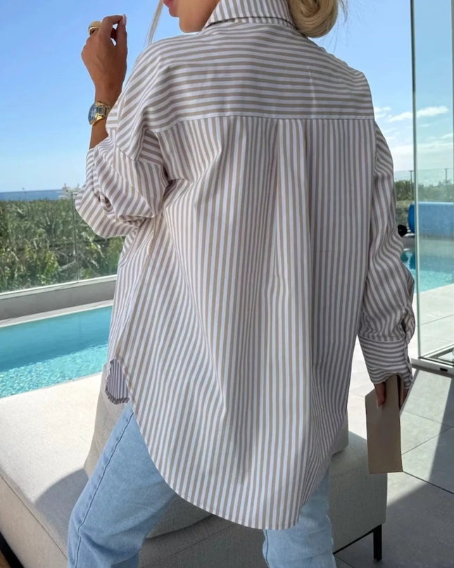 Striped Oversized Button-Down Shirt Khaki