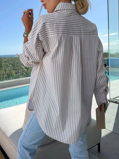 Striped Oversized Button-Down Shirt Khaki